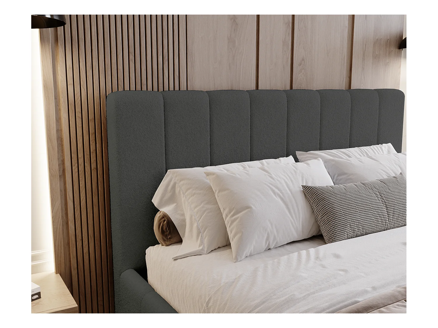 BESILIO Sypialnia łóżko slim 120x200 Lexy - stelaż metalowy, pojemnik na pościel, slim łóżko, tkanina boucle - Szary