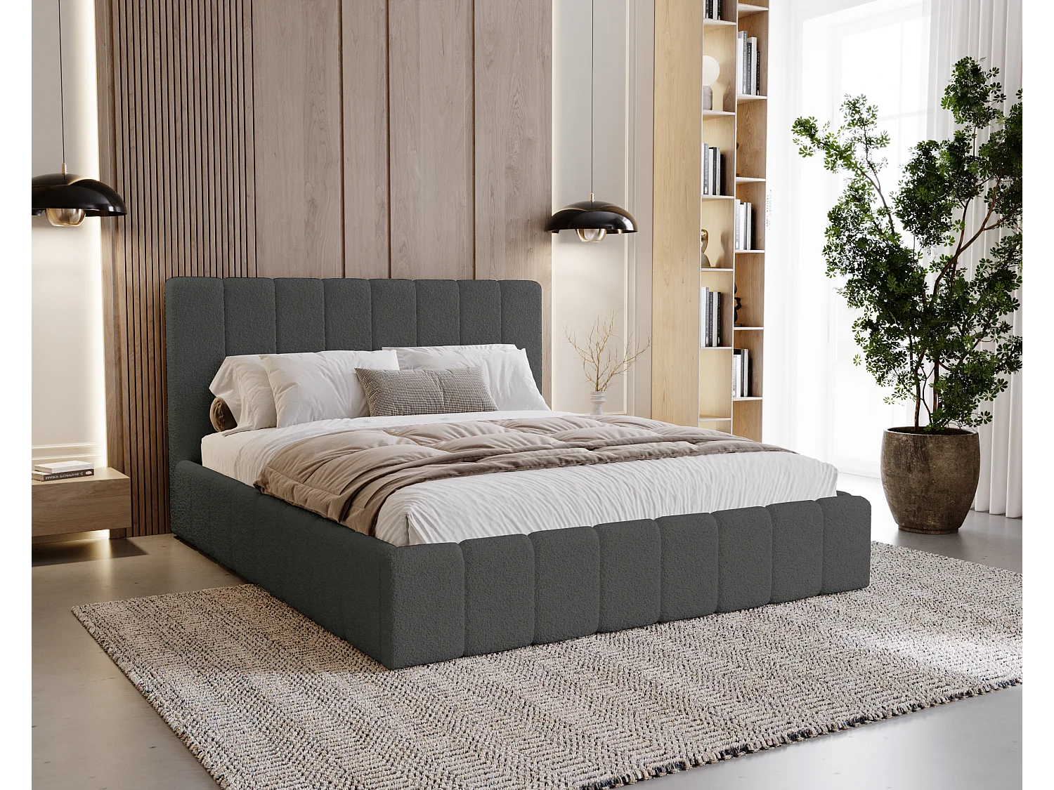 BESILIO Lit de chambre Slim 120x200 Lexy – cadre en métal, coffre de rangement pour le linge de lit, lit fin, tissu bouclé – Gris