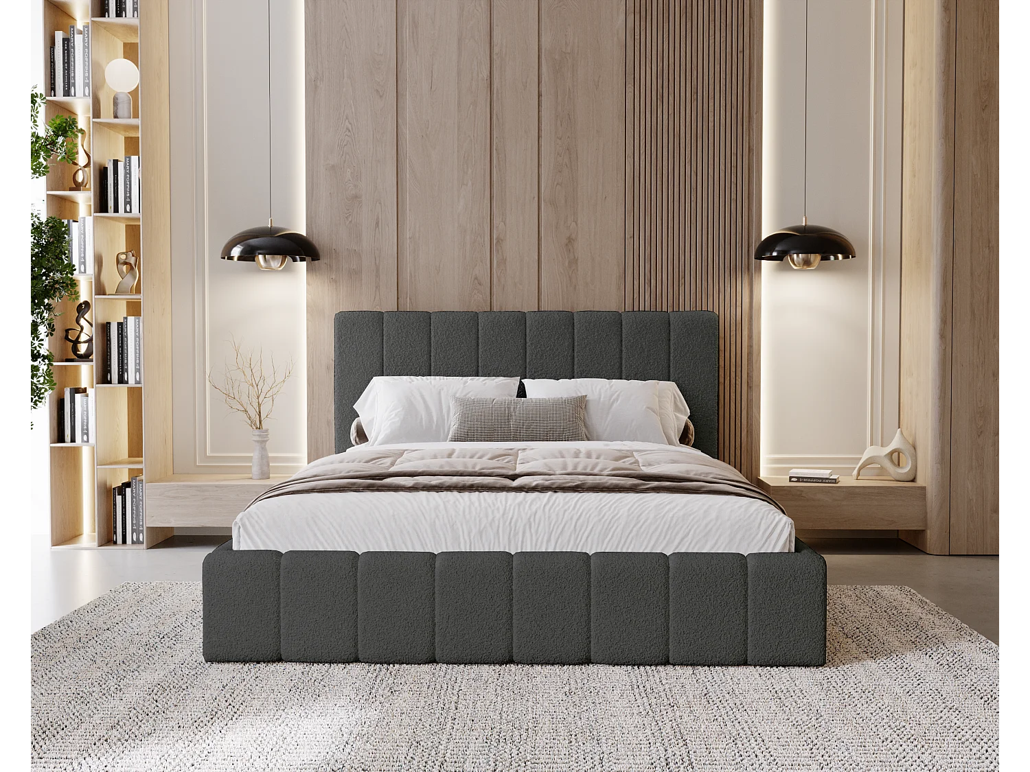 BESILIO Lit de chambre Slim 120x200 Lexy – cadre en métal, coffre de rangement pour le linge de lit, lit fin, tissu bouclé – Gris