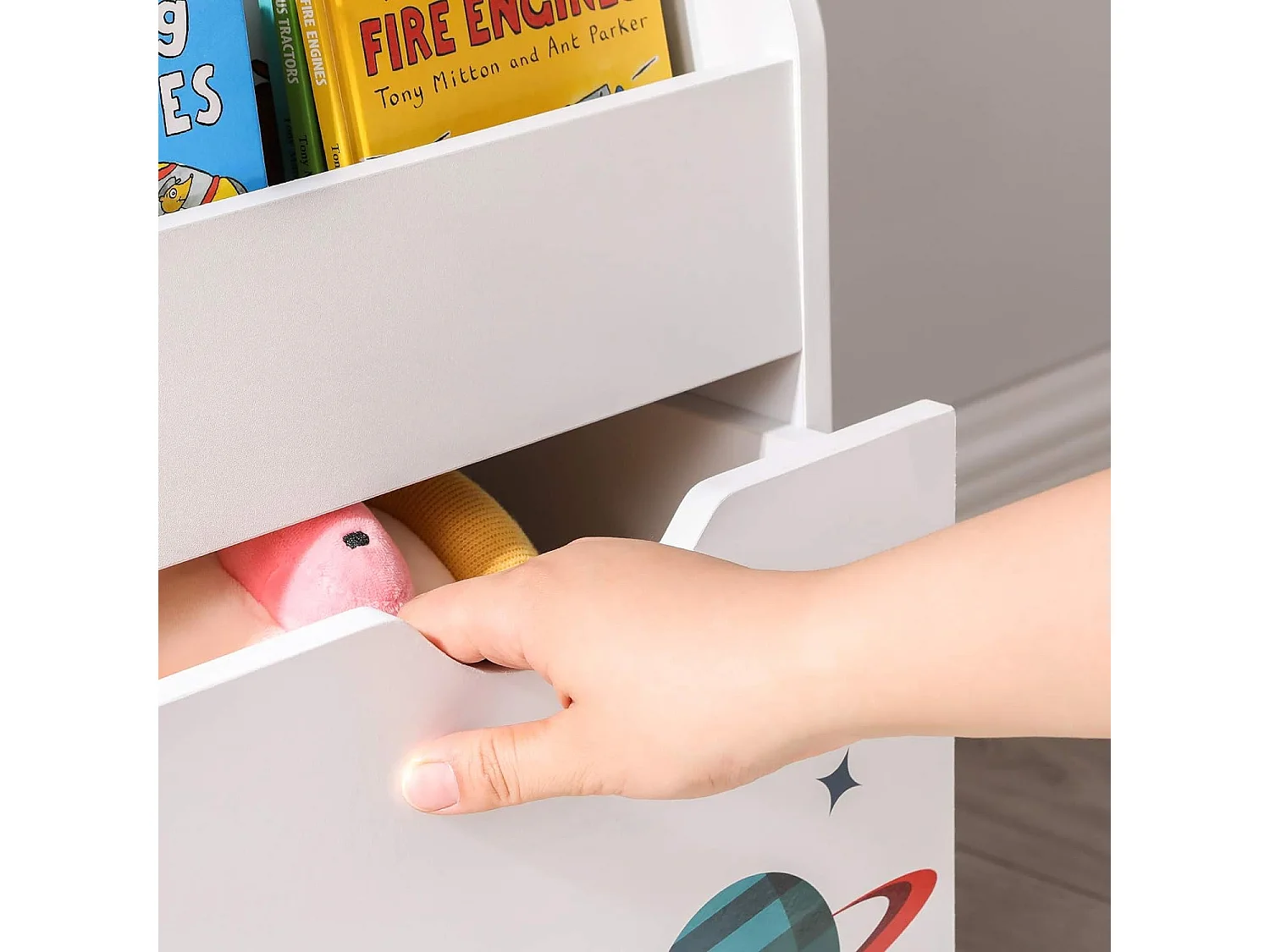 Étagère à jouets multicolore Valora avec bibliothèque et tiroir mobile