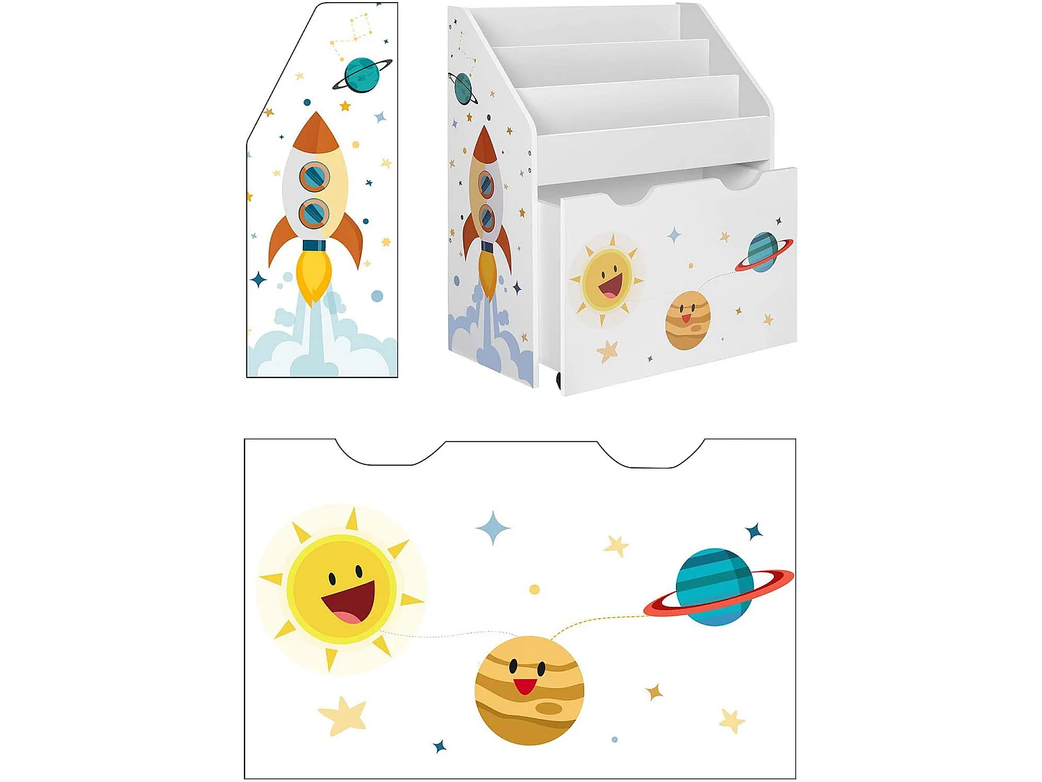 Étagère à jouets multicolore Valora avec bibliothèque et tiroir mobile