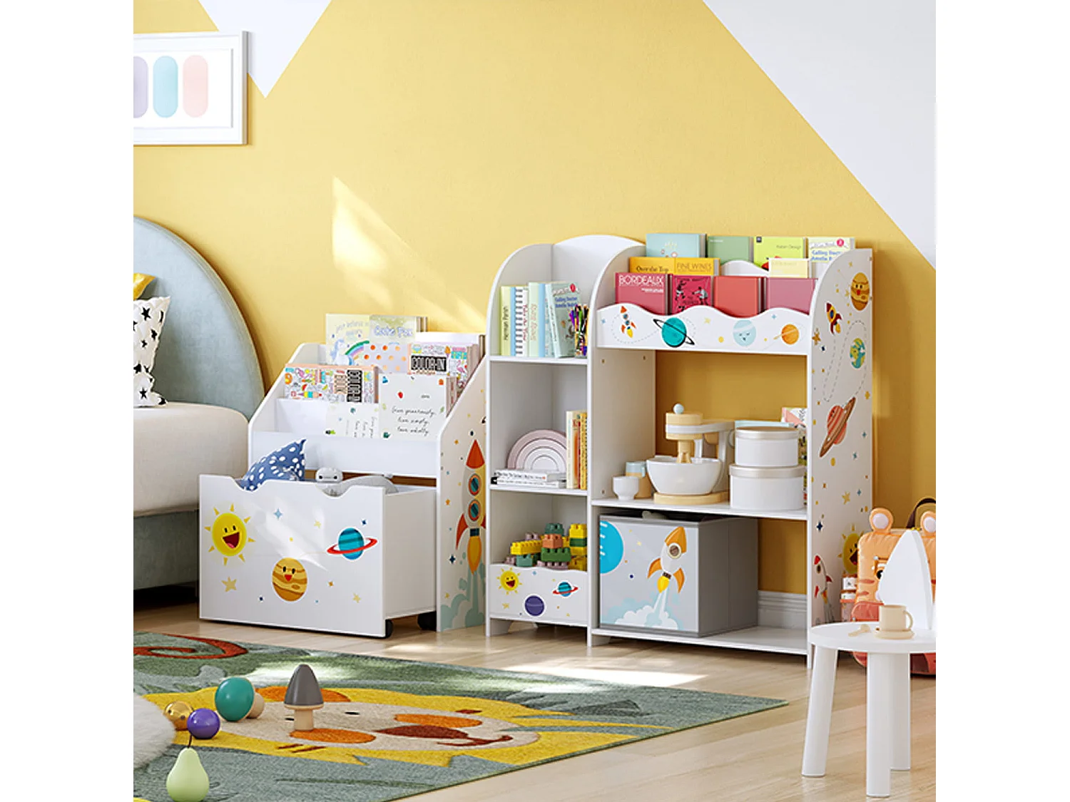 Étagère à jouets multicolore Valora avec bibliothèque et tiroir mobile