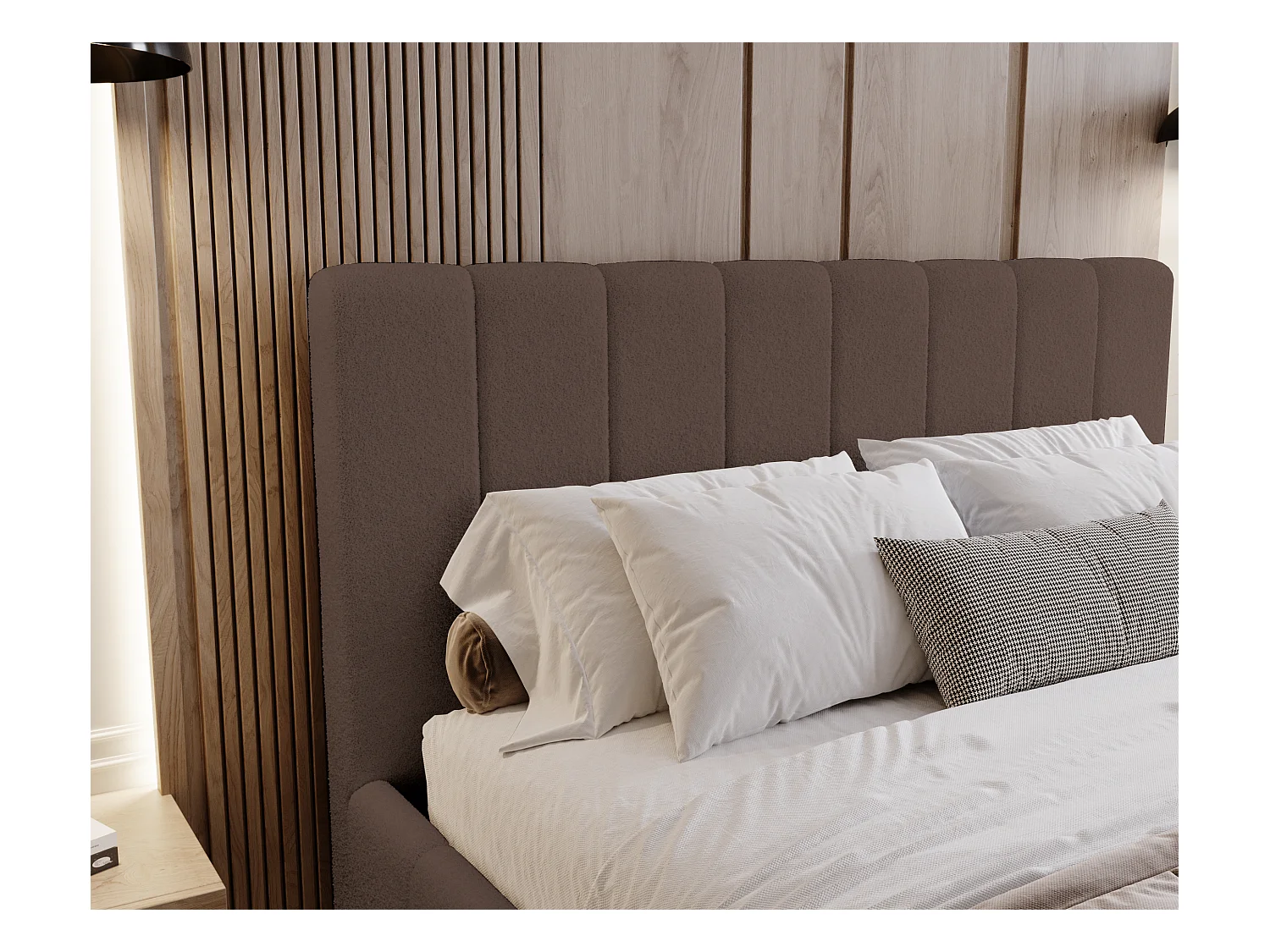 BESILIO Łóżko tapicerowane Boucle 160x200 Lexy - stelaż listwowy, wezgłowie, pojemnik, łóżko slim - Brązowy