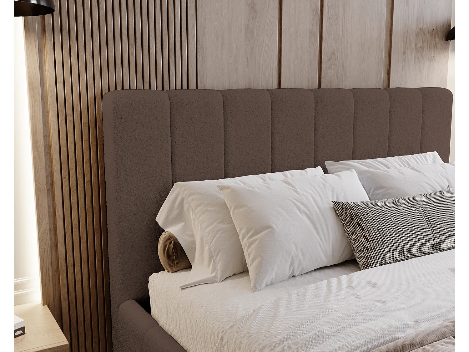 BESILIO Sypialnia łóżko slim 160x200 Lexy - stelaż metalowy, pojemnik na pościel, slim łóżko, tkanina boucle - Brązowy