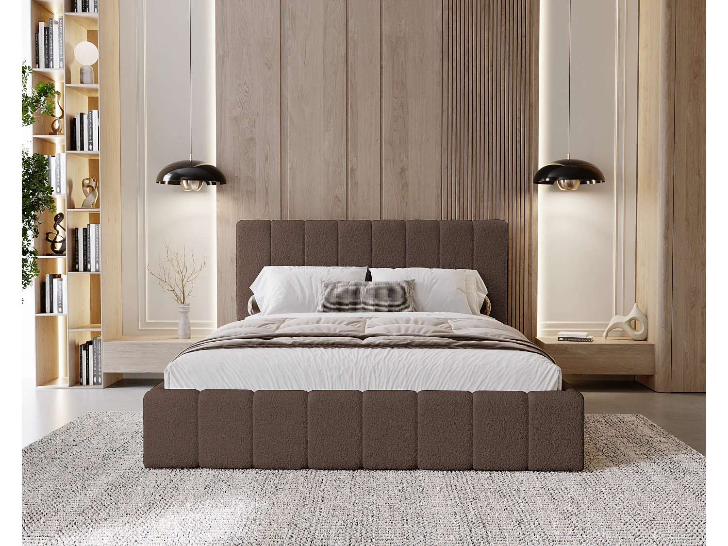 BESILIO Lit de chambre Slim 160x200 Lexy – cadre en métal, coffre de rangement pour le linge de lit, lit fin, tissu bouclé – Marron