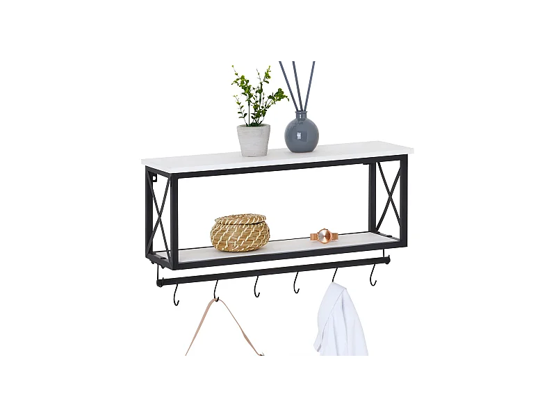 Porte-manteaux mural ARMANDO avec 2 étagères de rangement en bois blanc et 6 patères crochets sur tringle, cadre en métal noir