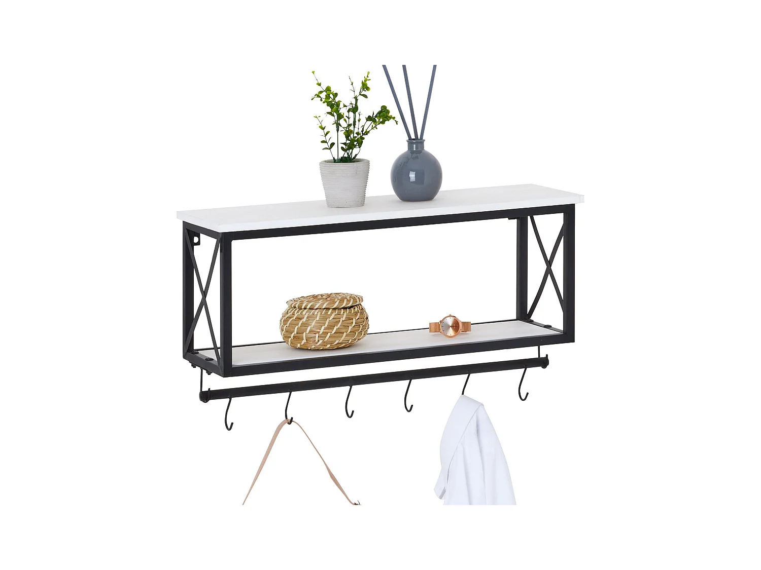 Porte-manteaux mural ARMANDO avec 2 étagères de rangement en bois blanc et 6 patères crochets sur tringle, cadre en métal noir