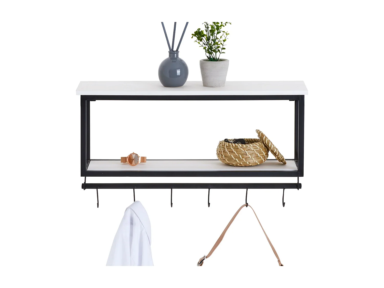 Porte-manteaux mural ARMANDO avec 2 étagères de rangement en bois blanc et 6 patères crochets sur tringle, cadre en métal noir