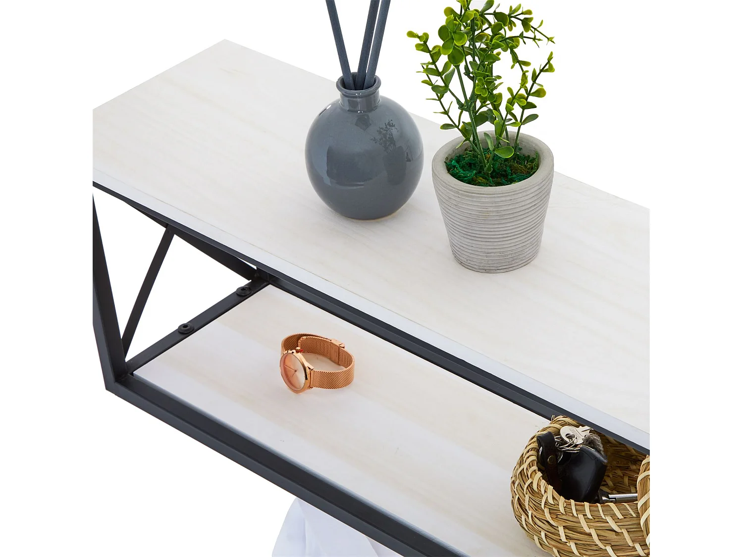 Porte-manteaux mural ARMANDO avec 2 étagères de rangement en bois blanc et 6 patères crochets sur tringle, cadre en métal noir