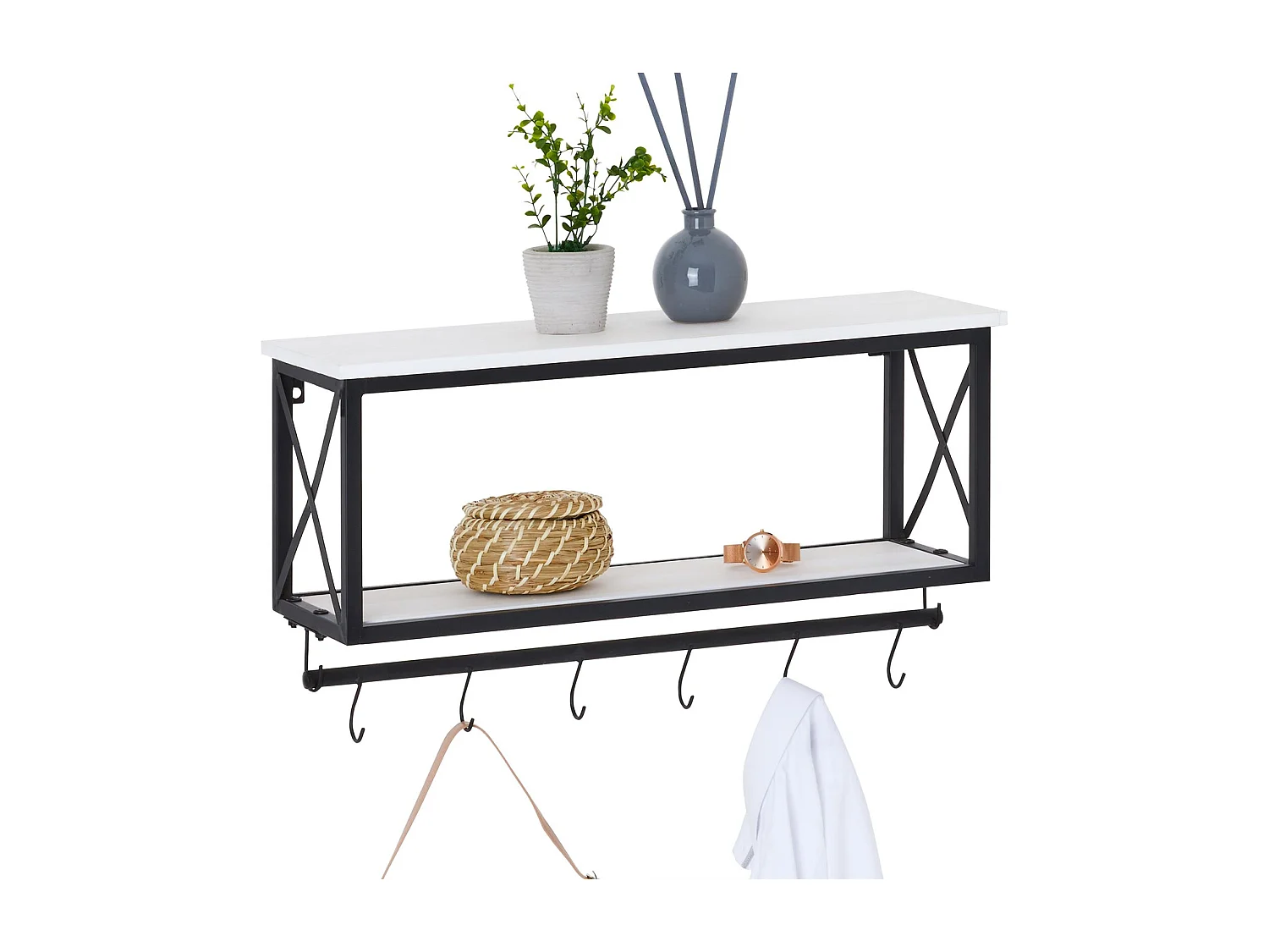 Porte-manteaux mural ARMANDO avec 2 étagères de rangement en bois blanc et 6 patères crochets sur tringle, cadre en métal noir