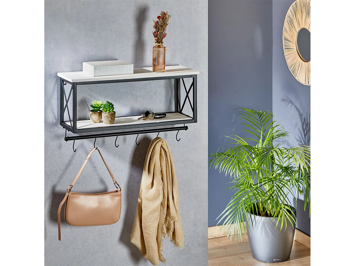 Porte-manteaux mural ARMANDO avec 2 étagères de rangement en bois blanc et 6 patères crochets sur tringle, cadre en métal noir