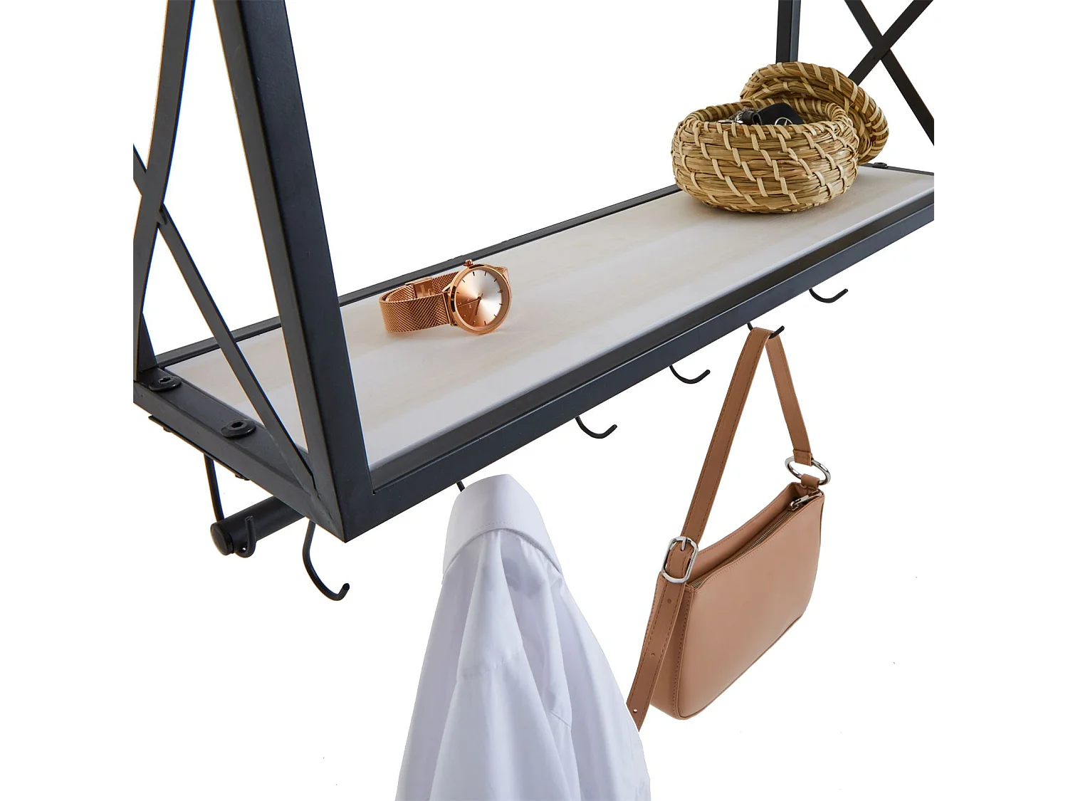 Porte-manteaux mural ARMANDO avec 2 étagères de rangement en bois blanc et 6 patères crochets sur tringle, cadre en métal noir