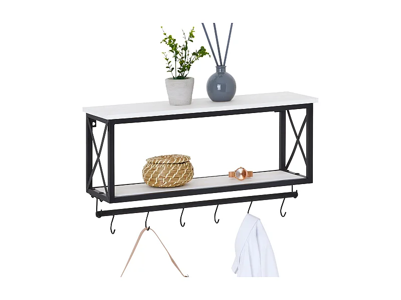 Porte-manteaux mural ARMANDO avec 2 étagères de rangement en bois blanc et 6 patères crochets sur tringle, cadre en métal noir