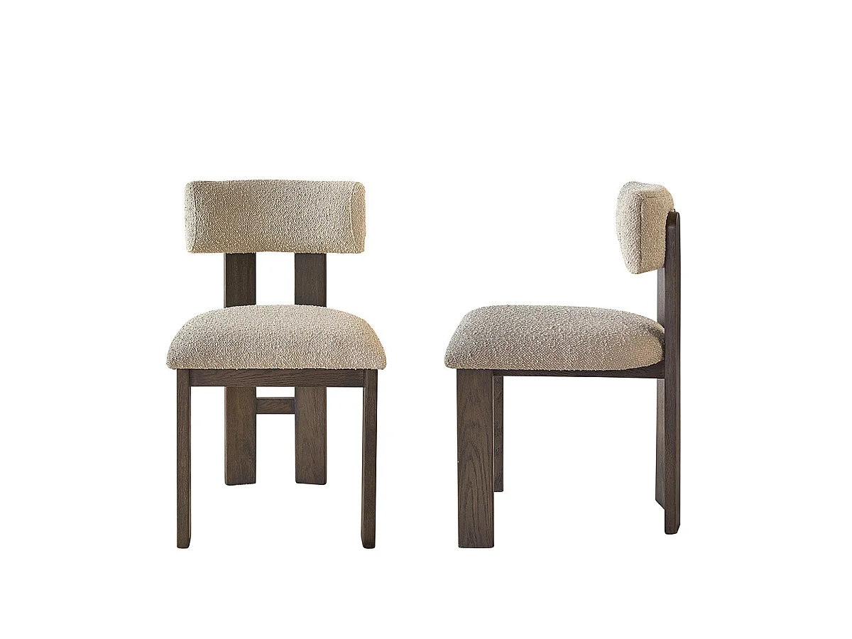 Set di 2 sedie in rovere marrone massello e tessuto bouclé beige