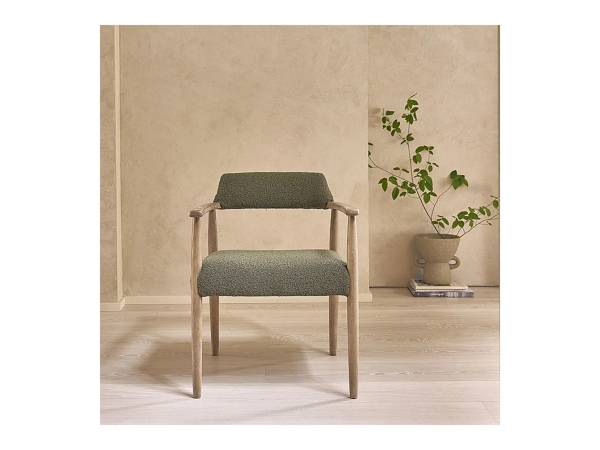 Sedia in rovere e tessuto bouclé kaki