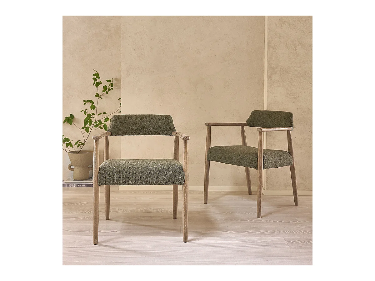 Set di 2 sedie in rovere e tessuto bouclé kaki