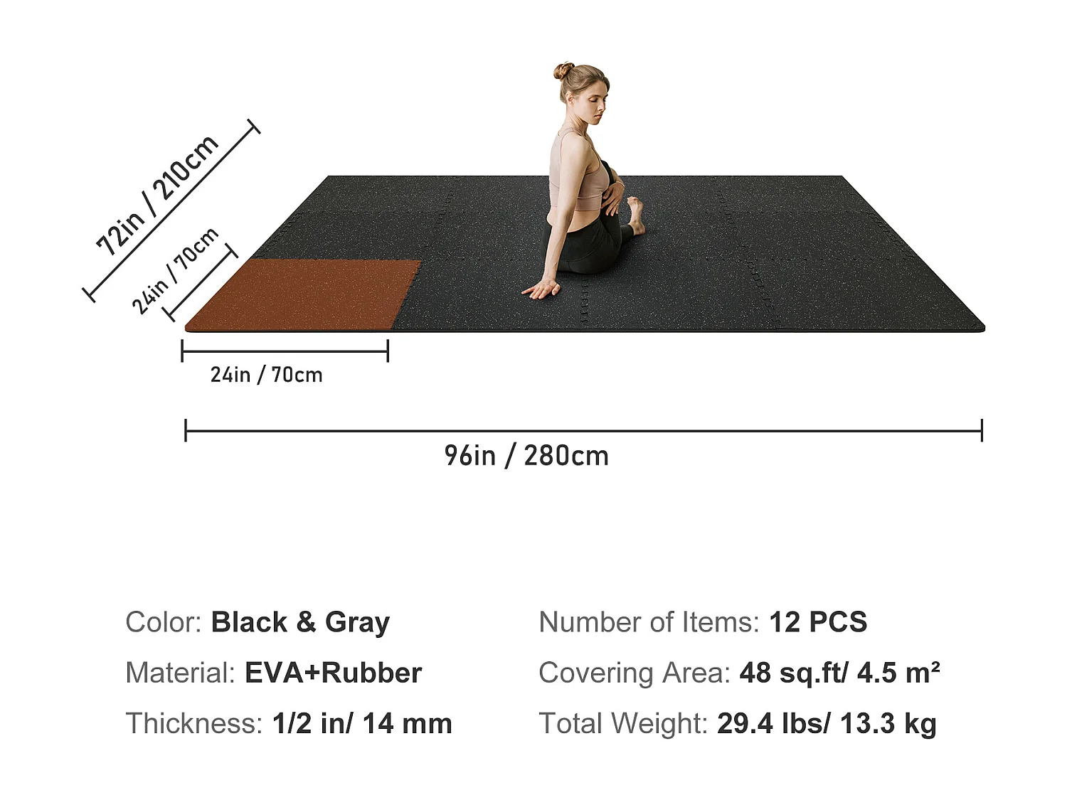Alfombra de Caucho SucceBuy para Fitness, 12 Piezas, 1.27 cm de Espesor, 60.96 x 60.96 cm, Negro-Gris Reducción de Sonido y Ruido