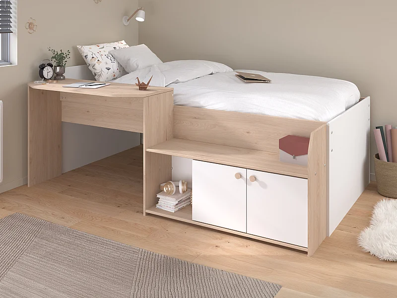 Lit combiné 90 x 190/200 cm - Coloris : Naturel et blanc + Sommier - MIVONA