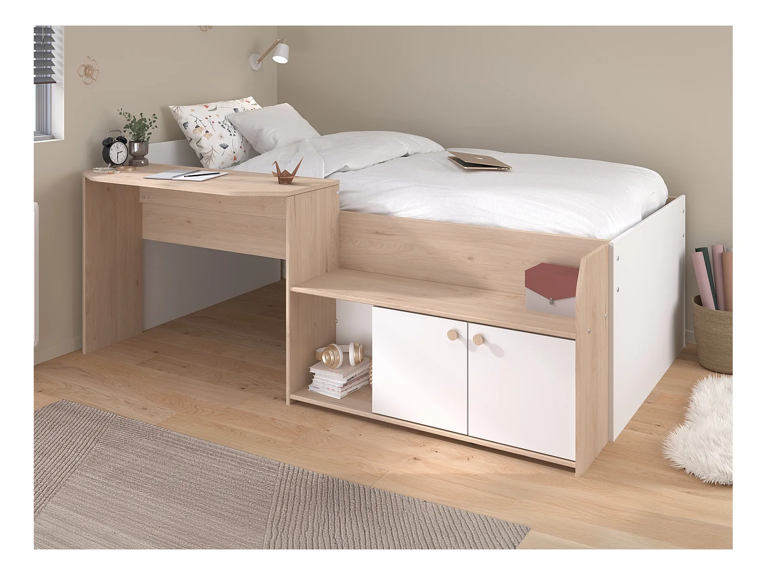 Letto combinato 90 x 190/200 cm Naturale e bianco + Rete - MIVONA