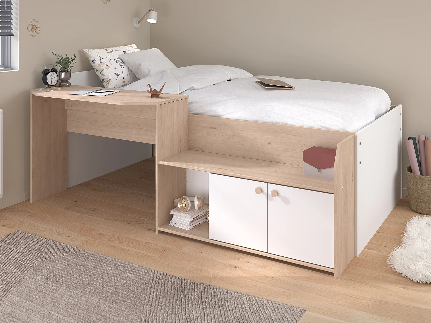 Lit combiné 90 x 190/200 cm - Coloris : Naturel et blanc + Sommier - MIVONA
