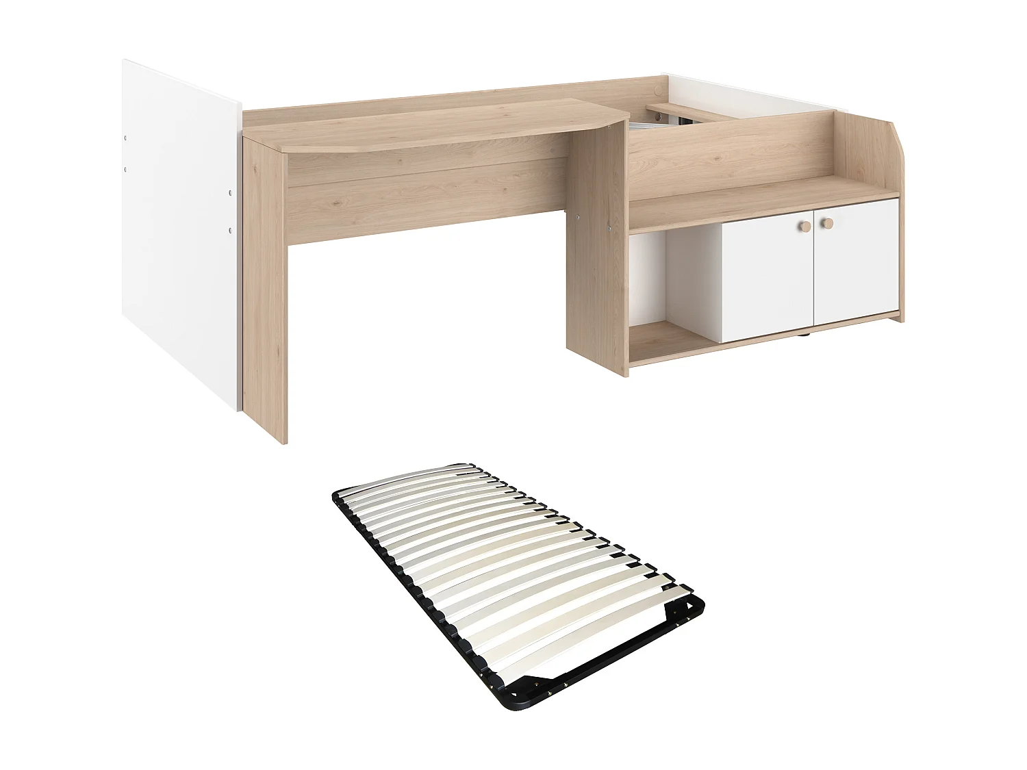 Lit combiné 90 x 190/200 cm - Coloris : Naturel et blanc + Sommier - MIVONA