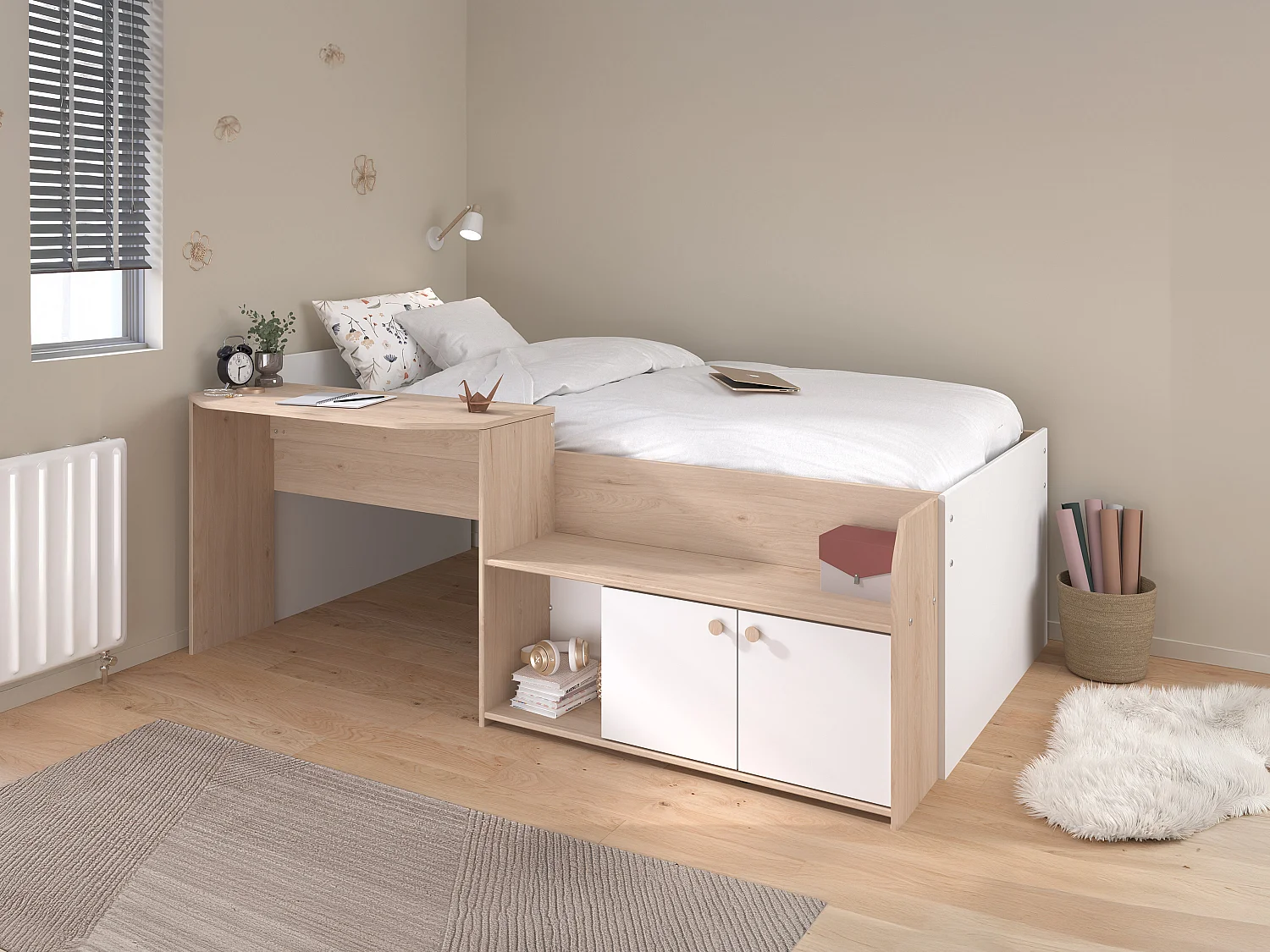 Lit combiné 90 x 190/200 cm - Coloris : Naturel et blanc + Sommier + Matelas - MIVONA