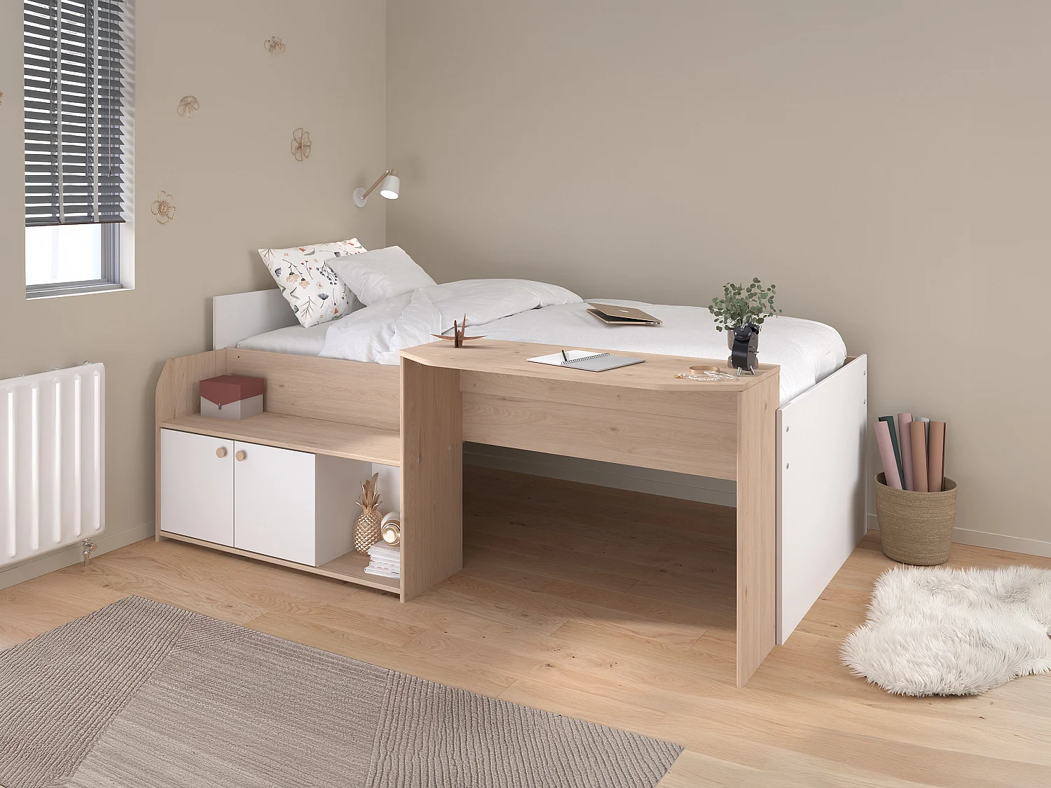 Letto combinato 90 x 190/200 cm Naturale e bianco + Rete + Materasso - MIVONA
