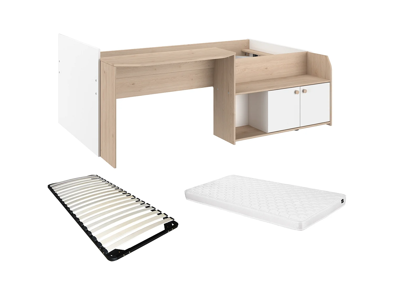 Lit combiné 90 x 190/200 cm - Coloris : Naturel et blanc + Sommier + Matelas - MIVONA