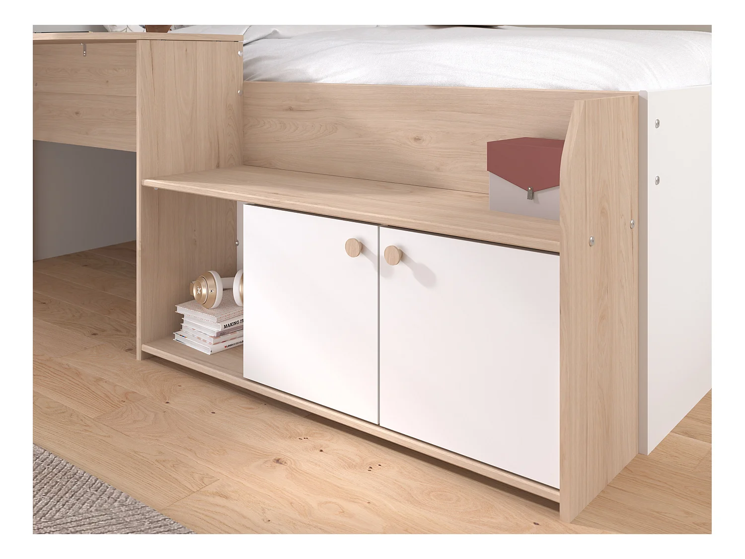 Lit combiné 90 x 190/200 cm - Coloris : Naturel et blanc + Sommier + Matelas - MIVONA