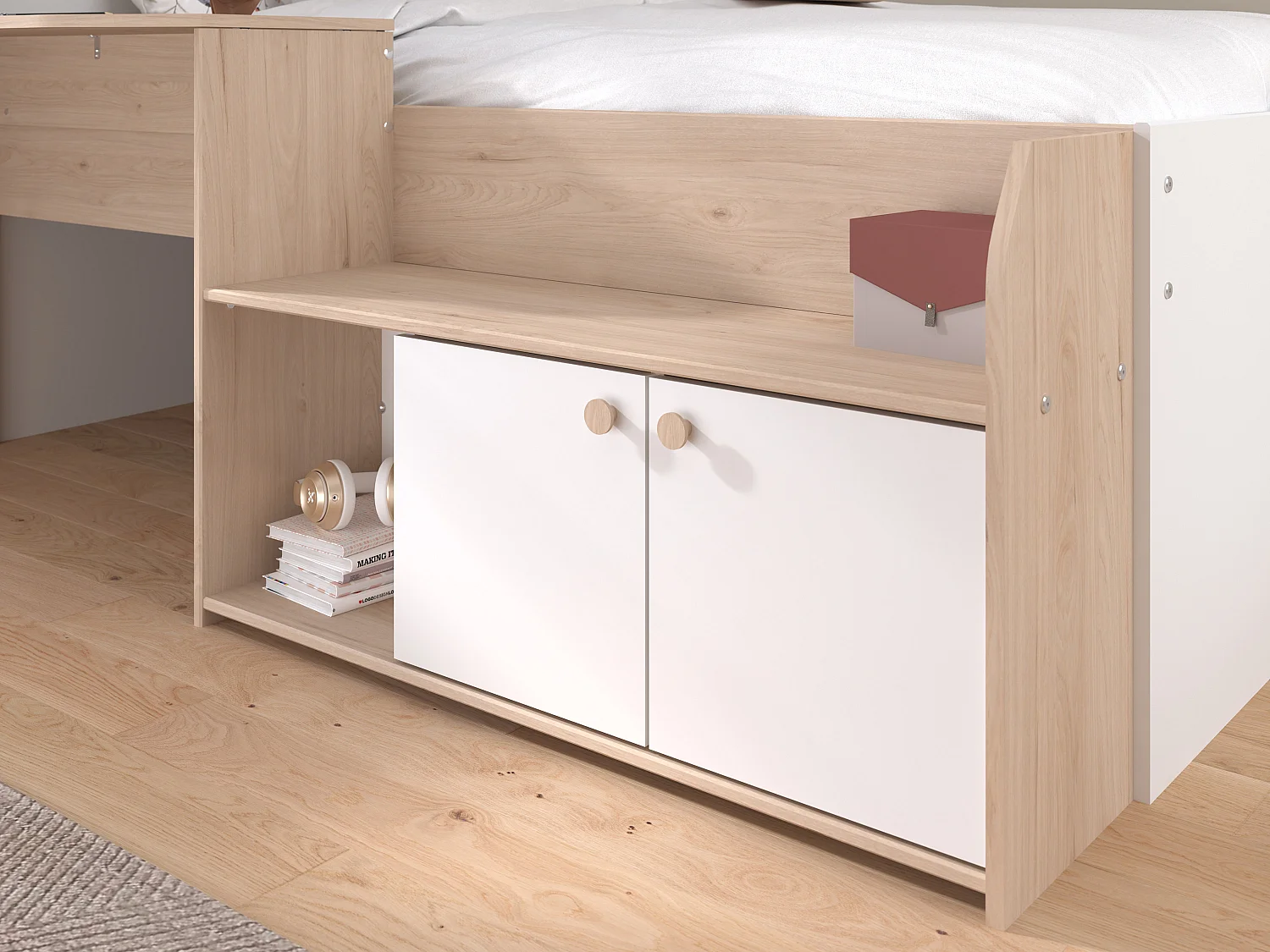 Lit combiné 90 x 190/200 cm - Coloris : Naturel et blanc + Sommier + Matelas - MIVONA