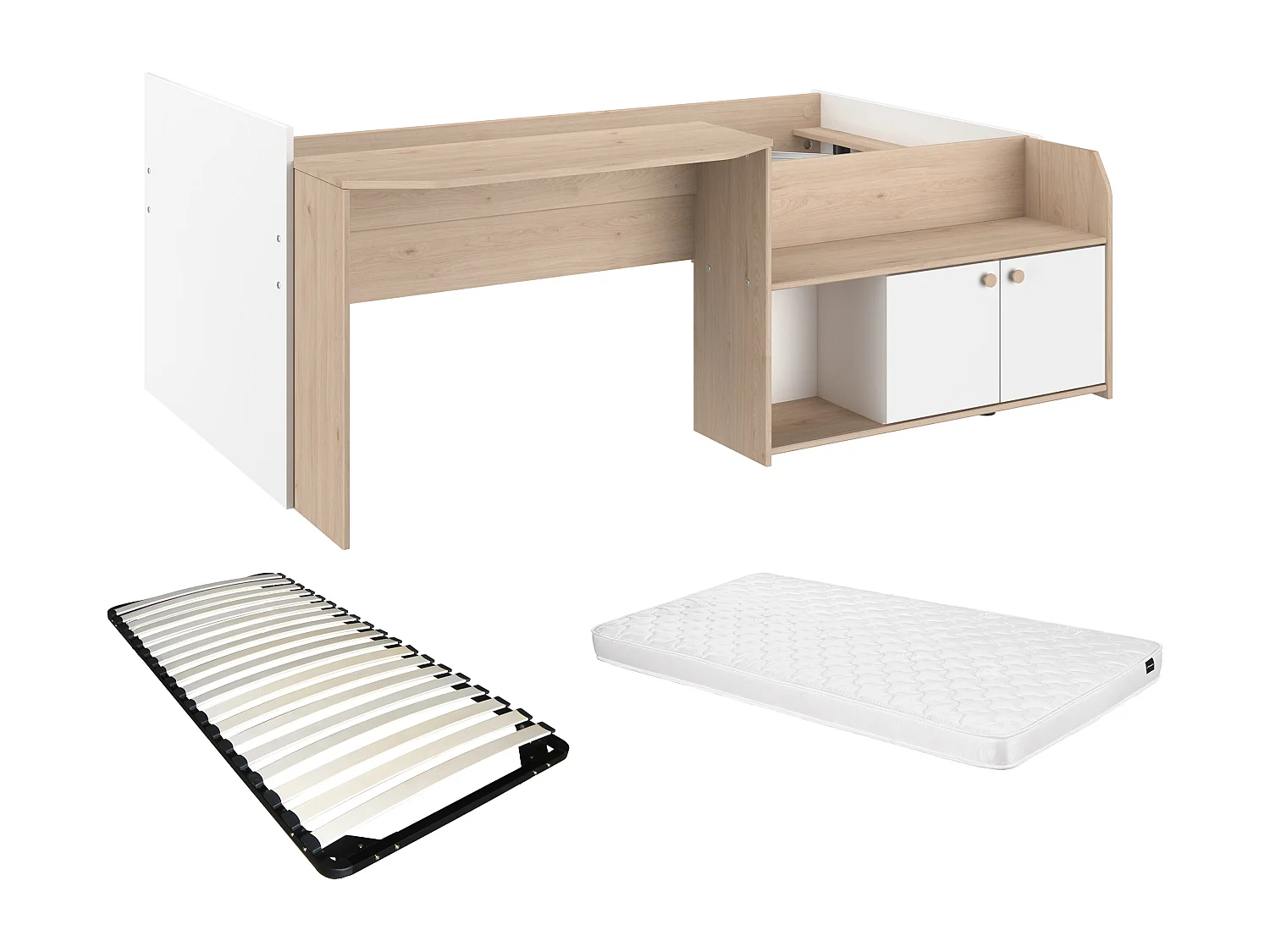 Lit combiné 90 x 190/200 cm - Coloris : Naturel et blanc + Sommier + Matelas - MIVONA