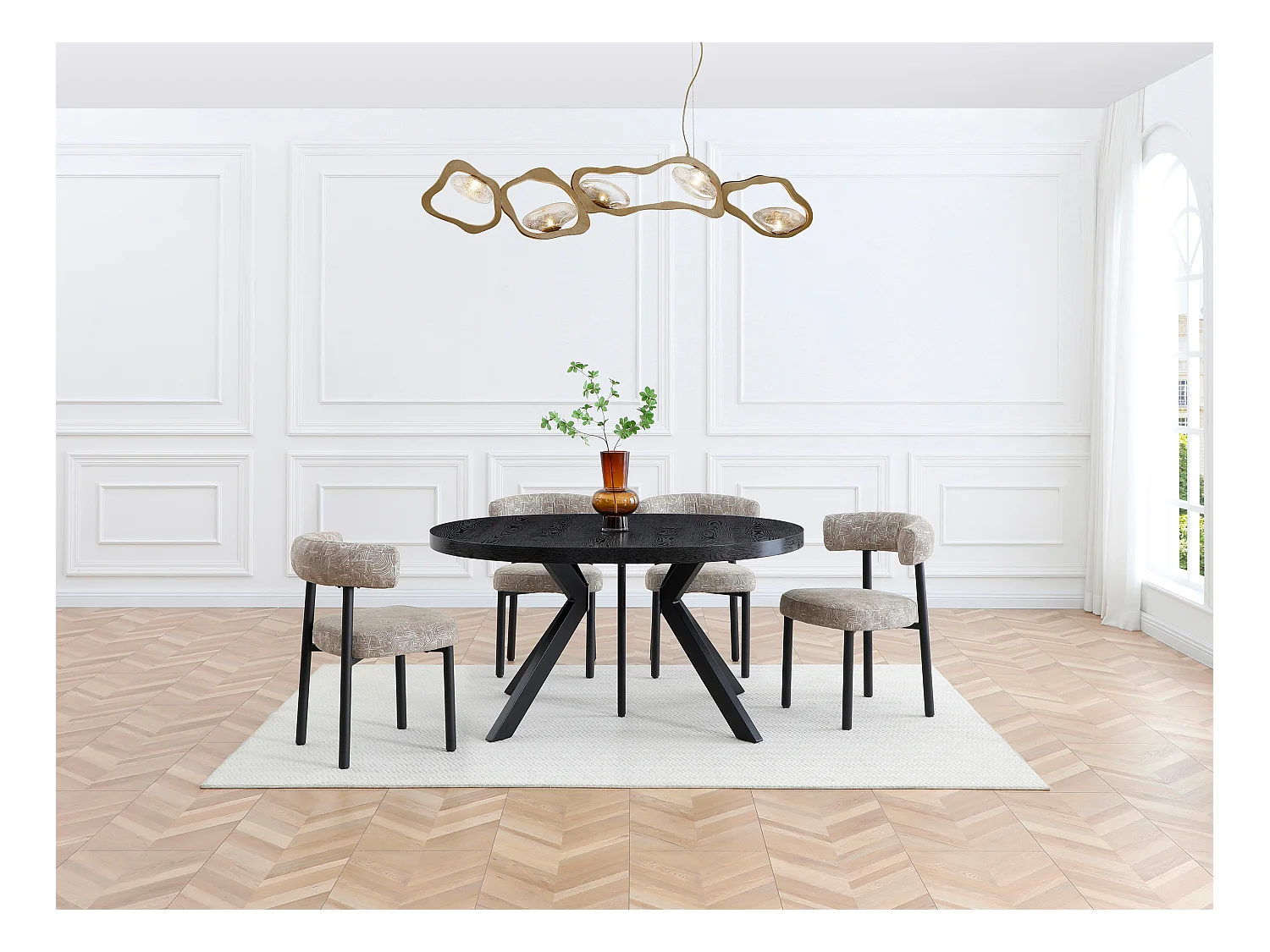 Lot de 6 chaises en tissu texturé et métal noir - Beige et blanc - SELORIN