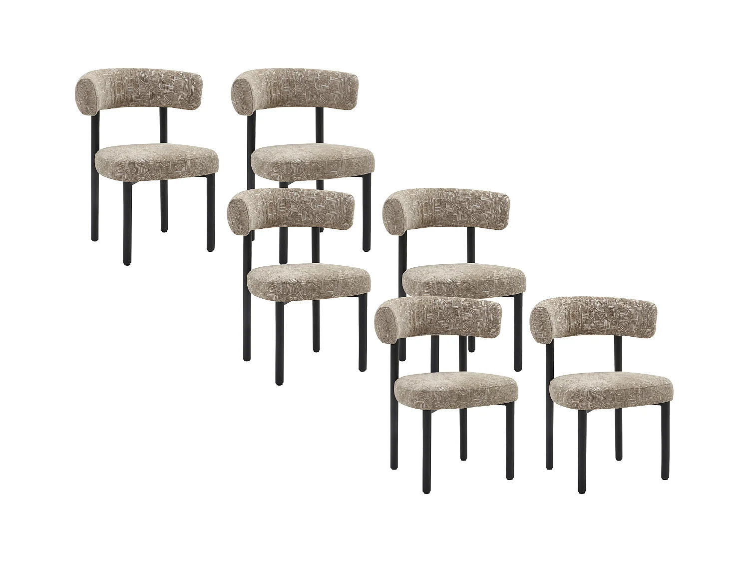 Lot de 6 chaises en tissu texturé et métal noir - Beige et blanc - SELORIN