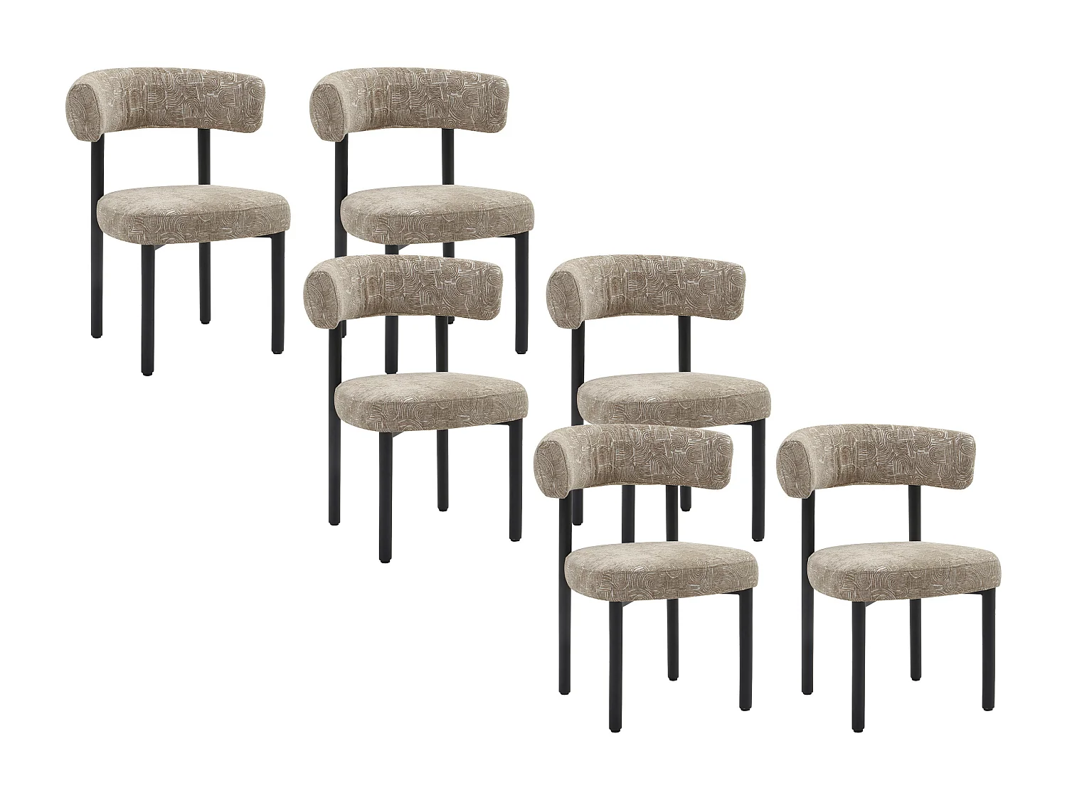 Lot de 6 chaises en tissu texturé et métal noir - Beige et blanc - SELORIN