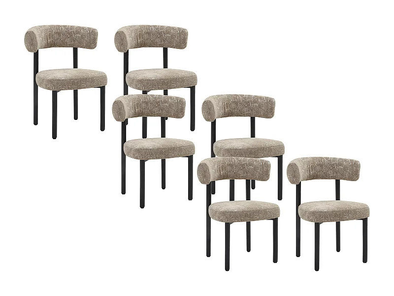Lot de 6 chaises en tissu texturé et métal noir - Beige et blanc - SELORIN
