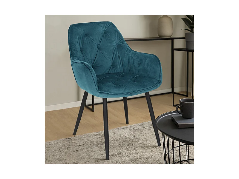 Chaise capitonnée en velours bleu canard et pieds en métal - STERN 2