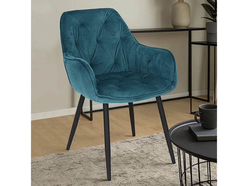 Chaise capitonnée en velours bleu canard et pieds en métal - STERN 2