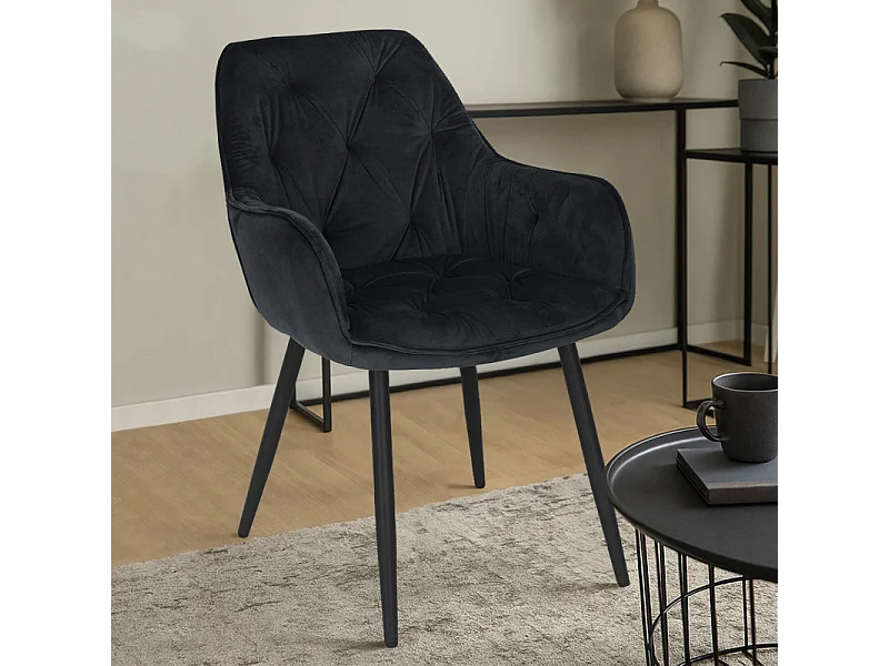 Chaise capitonnée en velours noir et pieds en métal noir - STERN 2
