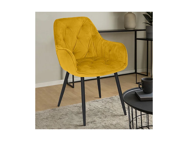 Chaise capitonnée en velours jaune et pieds en métal noir - STERN 2