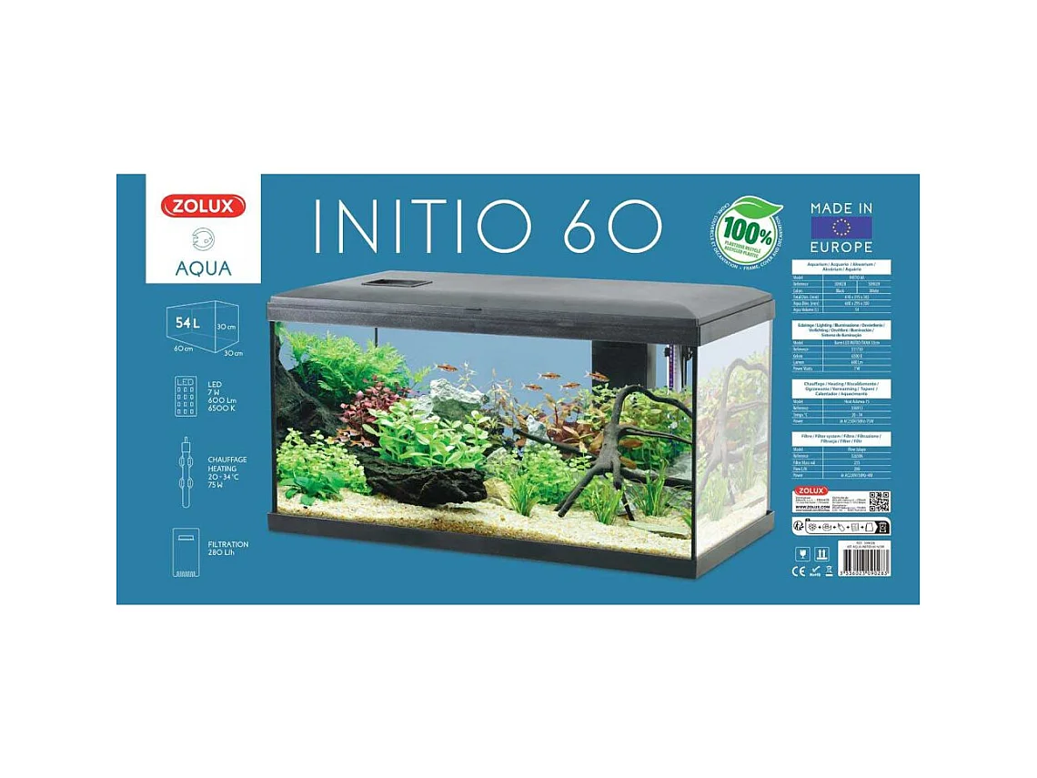 Kit aquarium eau douce avec éclairage et filtres Initio 54 litres