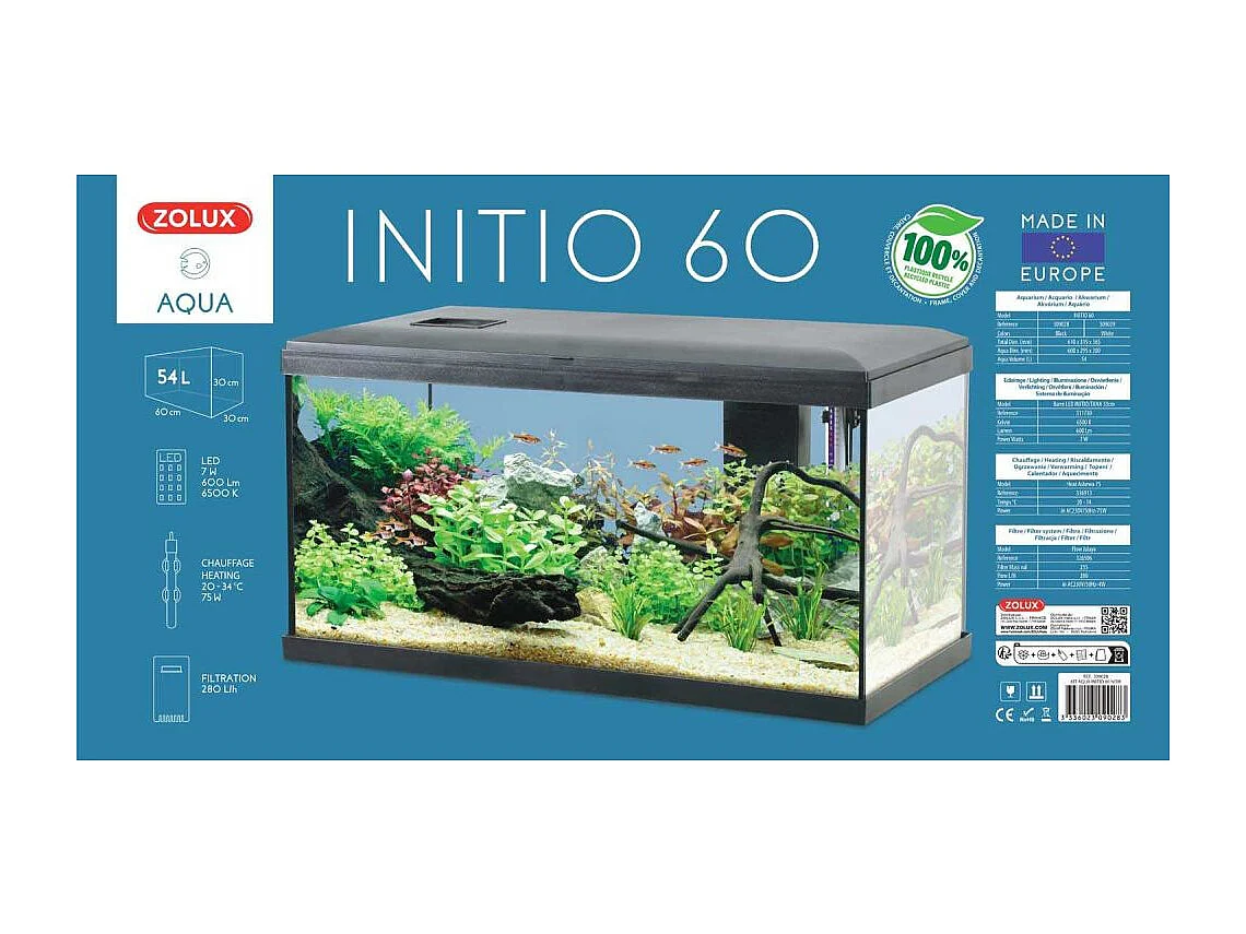 Kit aquarium eau douce avec éclairage et filtres Initio 54 litres