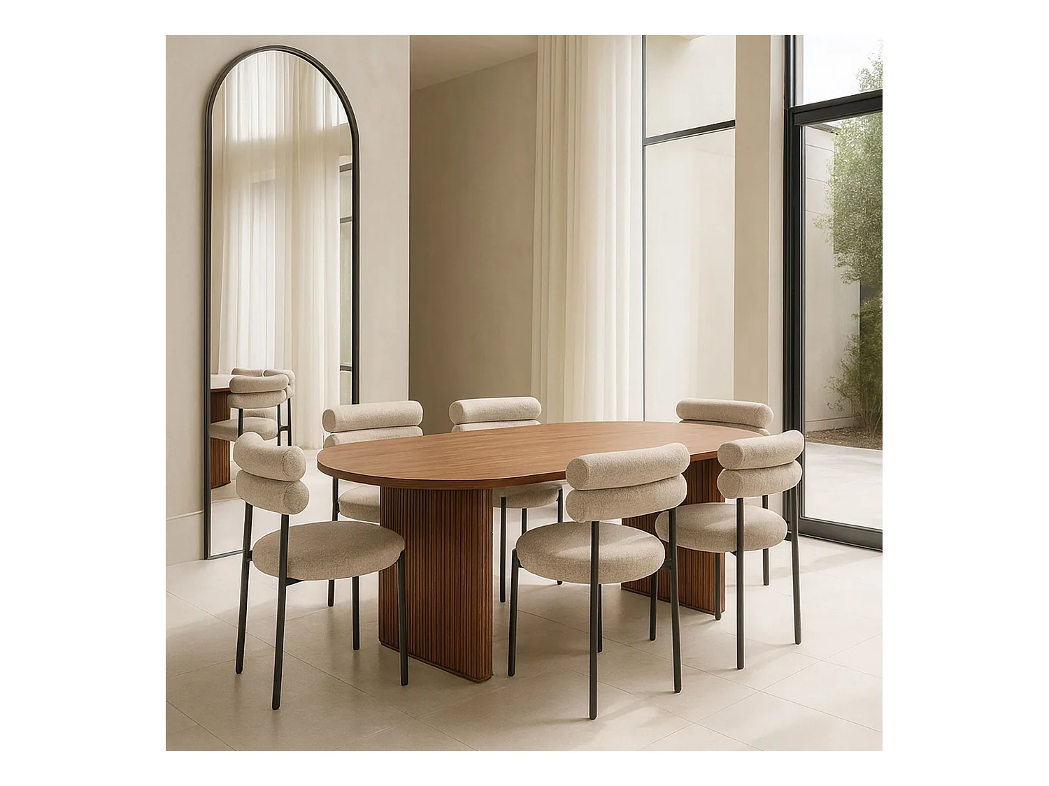 Now's Home - Ensemble Table  Ovale 230cm+6 Chaises En Tweed Beige Et Metal Noir Gina