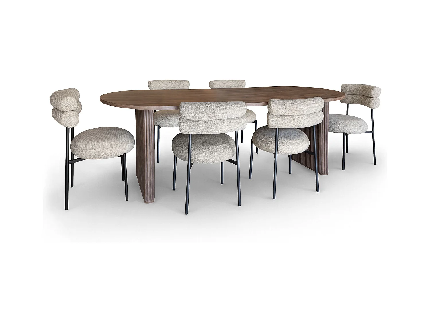Now's Home - Ensemble Table  Ovale 230cm+6 Chaises En Tweed Beige Et Metal Noir Gina