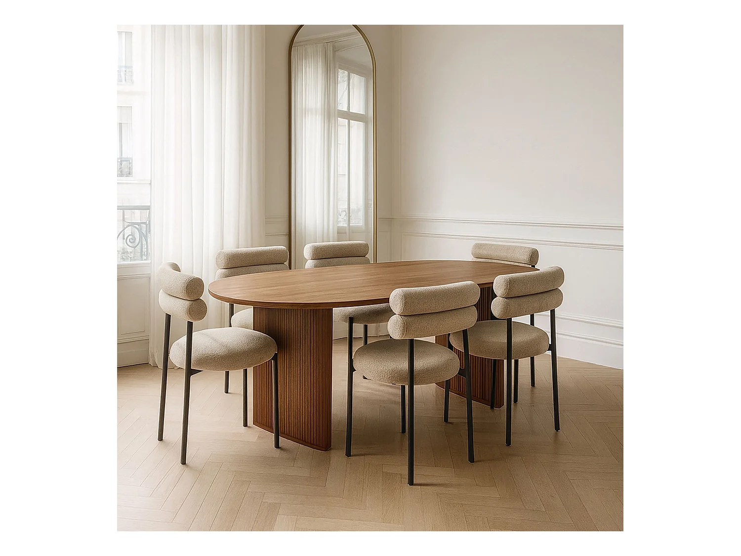 Now's Home - Ensemble Table  Ovale 230cm+6 Chaises En Tweed Beige Et Metal Noir Gina