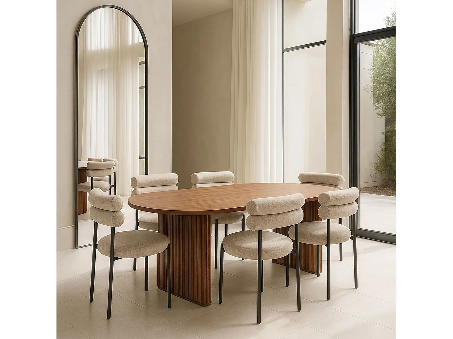 Now's Home - Ensemble Table Ovale 230cm+6 Chaises En Tweed Beige Et Métal Noir Gina