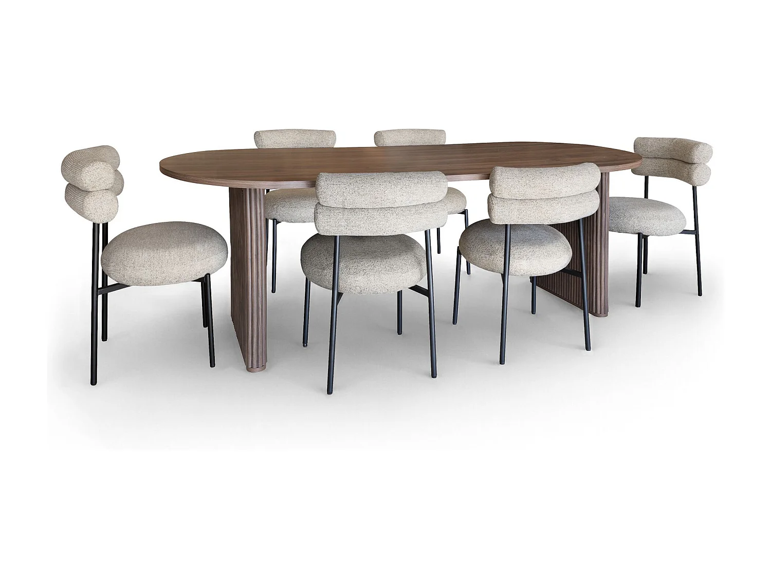 Now's Home - Ensemble Table Ovale 230cm+6 Chaises En Tweed Beige Et Métal Noir Gina