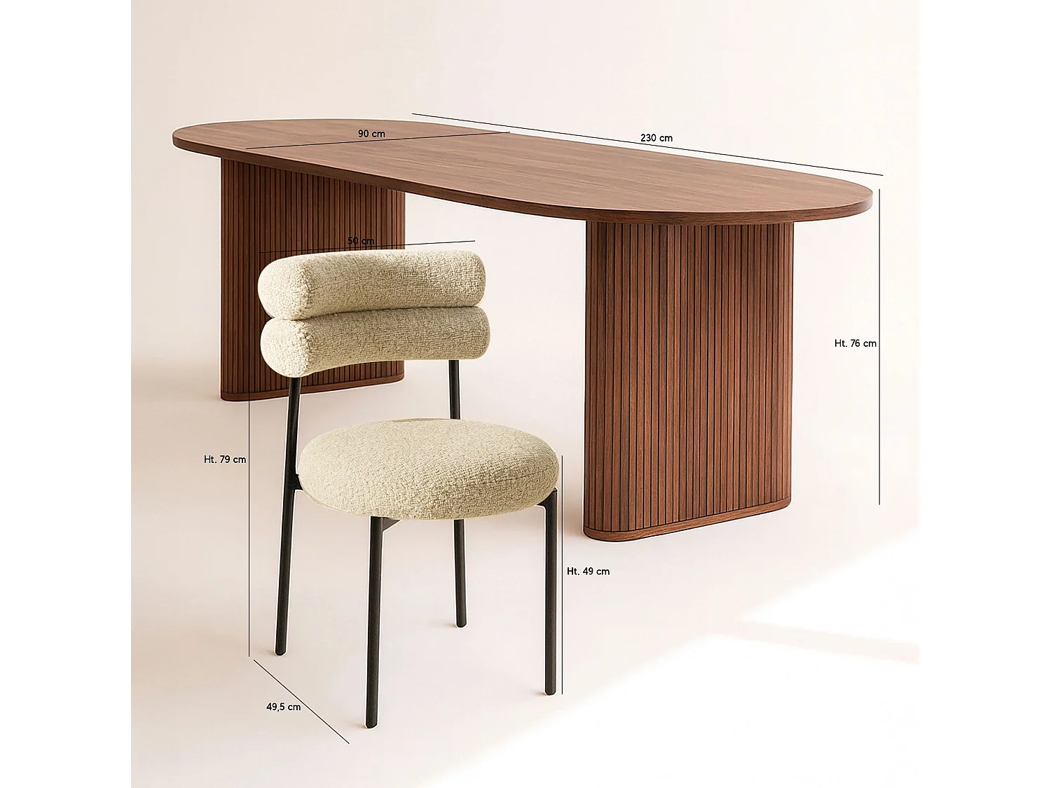 Now's Home - Ensemble Table Ovale 230cm+6 Chaises En Tweed Beige Et Métal Noir Gina