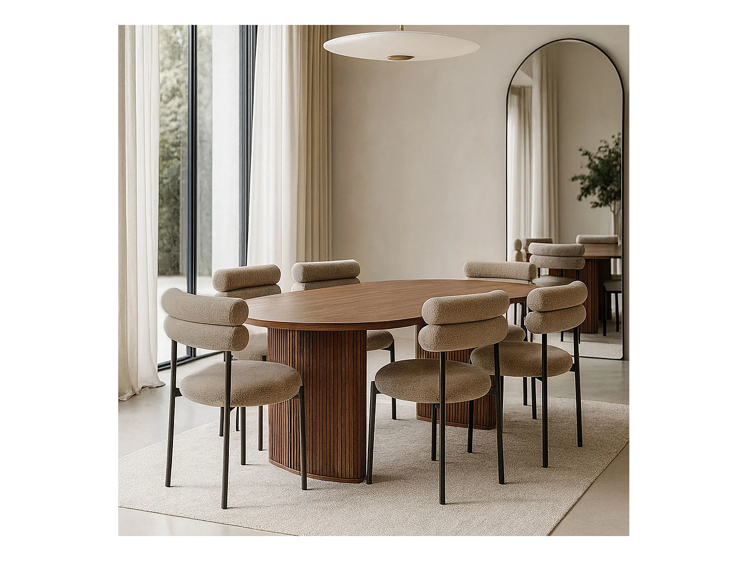 Now's Home - Ensemble Table Ova Le 230cm +6chaises En Tweed Moka Et Metal Noir Gina