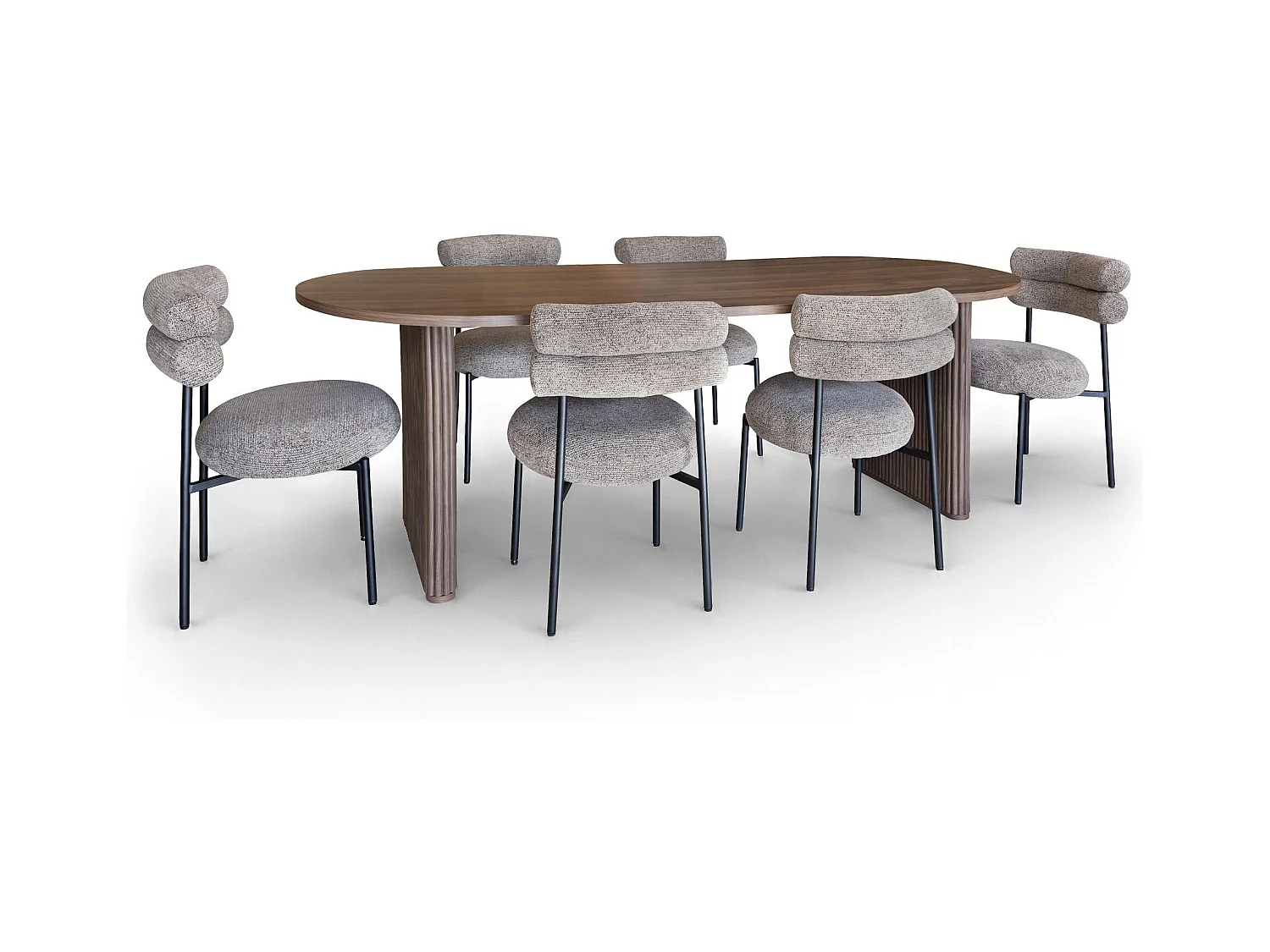 Now's Home - Ensemble Table Ova Le 230cm +6chaises En Tweed Moka Et Metal Noir Gina