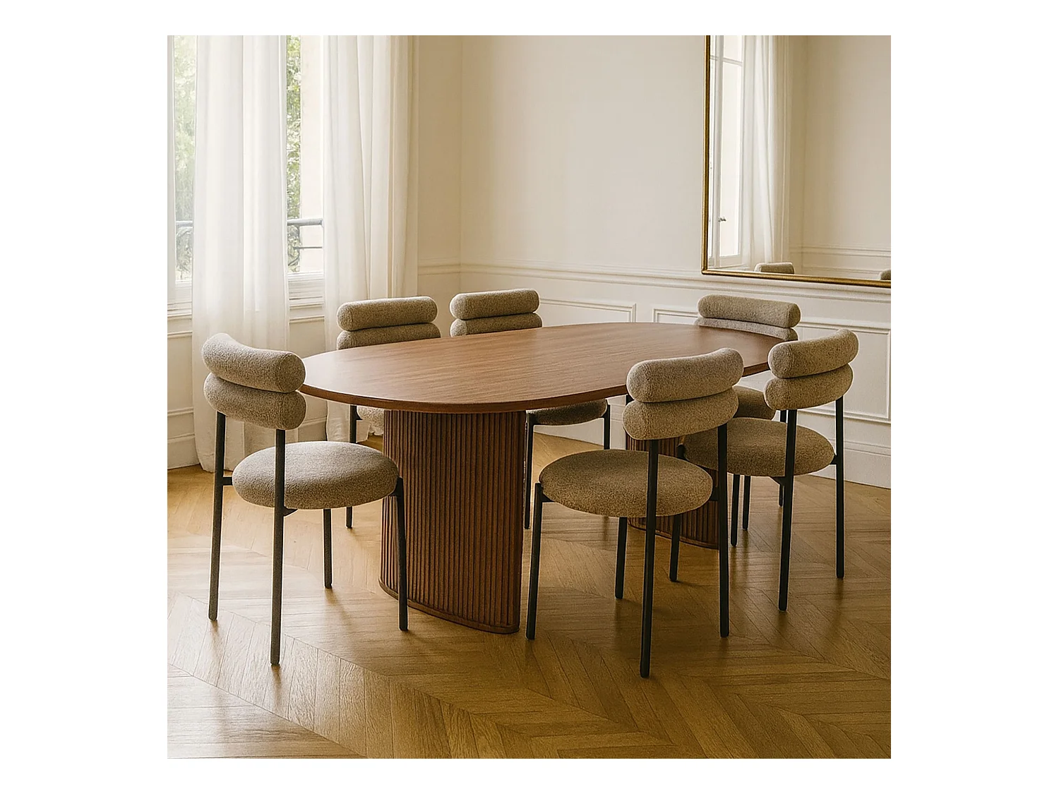 Now's Home - Ensemble Table Ova Le 230cm +6chaises En Tweed Moka Et Metal Noir Gina